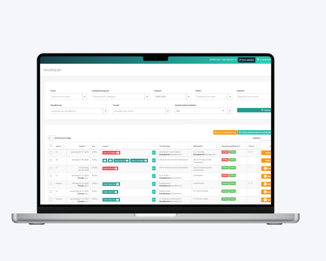 Wedstrijdmanagement in Kicksite met federatiesynchronisatie, selecties en statistieken